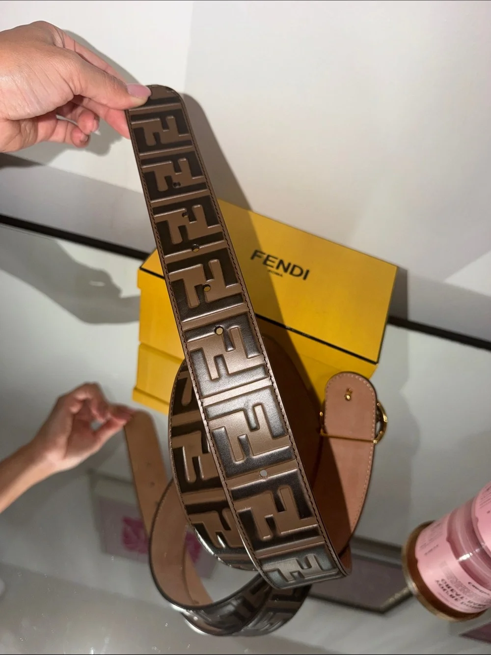 Fendi Brown Zucca Logo Belt with Gold F Buckle